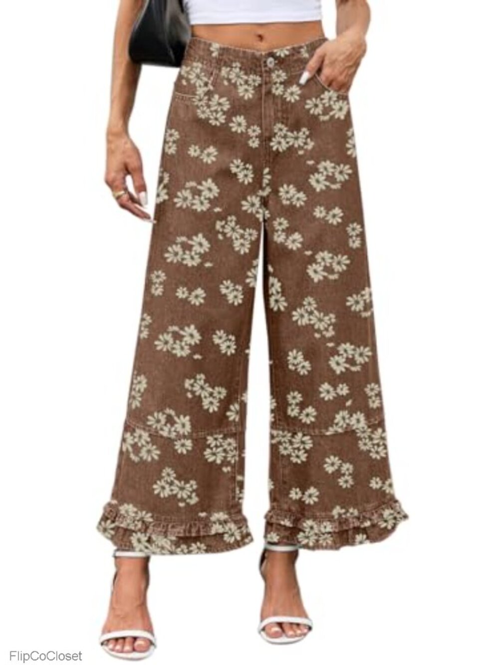 High Rise Wide Leg Crop Jeans Ruffle Hem Floral Patchwork - Picture 1 of 6